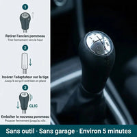 Étapes d'installation du pommeau de vitesse Logan couture noire avec adaptateur, sans outil et sans garage