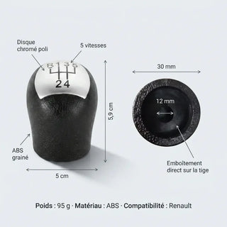 Fiche technique du pommeau de vitesse chromé Mégane 1 : dimensions, poids et matériau ABS grainé