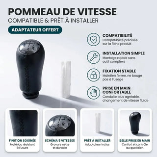 Pommeau de vitesse Mégane 2 couture noire compatible et prêt à installer, adaptateur offert : finition soignée, schéma 5 vitesses, installation simple, belle prise en main