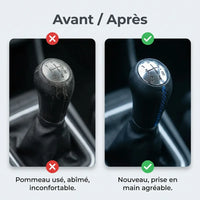 Pommeau de vitesse Modus à couture bleue, comparatif avant/après installation