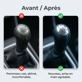 Pommeau de vitesse Modus à couture bleue, comparatif avant/après installation