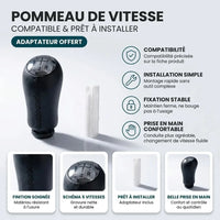 Pommeau de vitesse Modus couture noire compatible et prêt à installer, adaptateur offert : finition soignée, schéma 5 vitesses, installation simple, belle prise en main