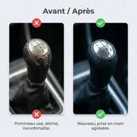 Comparatif avant/après entre l'ancien pommeau usé et le nouveau pommeau de vitesse Modus couture noire