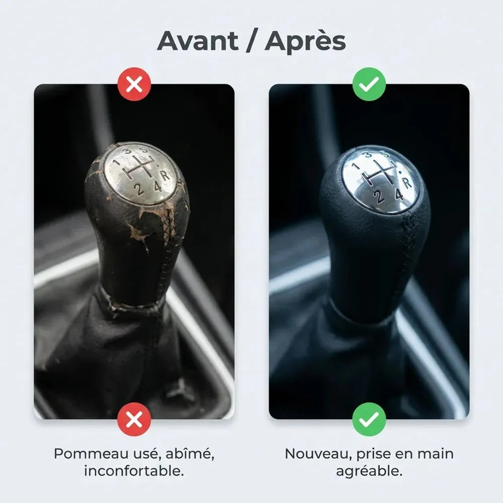 Comparatif avant/après entre l'ancien pommeau usé et le nouveau pommeau de vitesse Modus couture noire