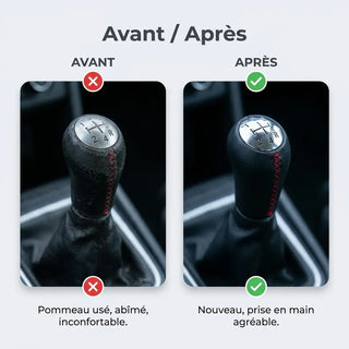 Pommeau de vitesse Modus à couture rouge, comparatif avant/après installation