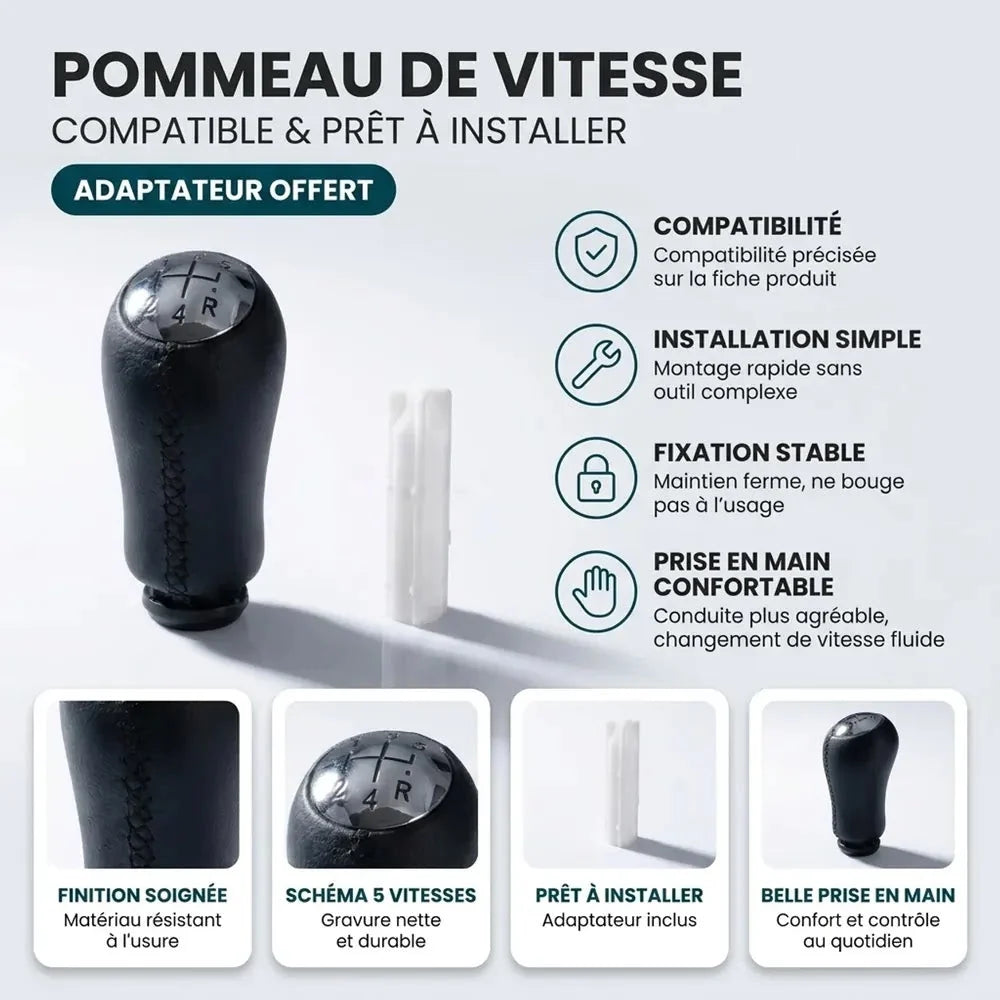 Pommeau de vitesse Scénic 2 couture noire compatible et prêt à installer, adaptateur offert : finition soignée, schéma 5 vitesses, installation simple, belle prise en main