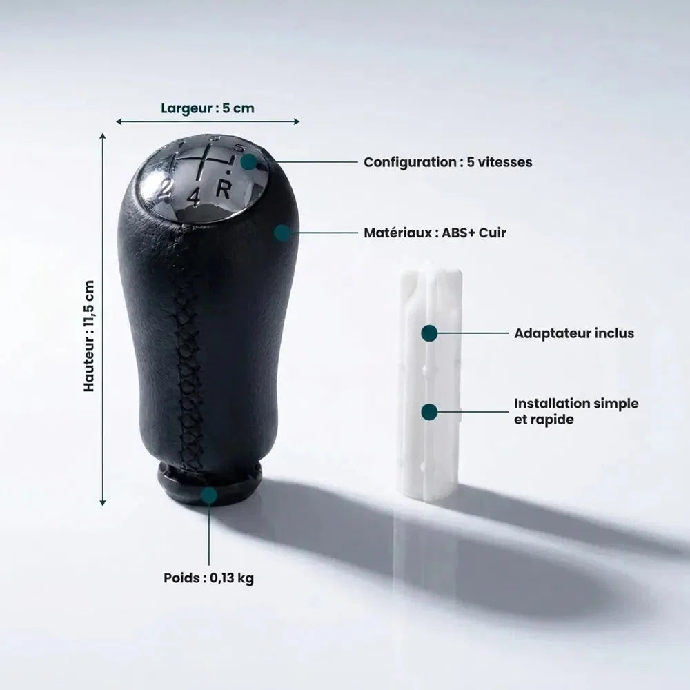 Fiche technique du pommeau de vitesse Twingo 2 couture noire : dimensions, poids, matériau cuir et ABS, adaptateur fourni