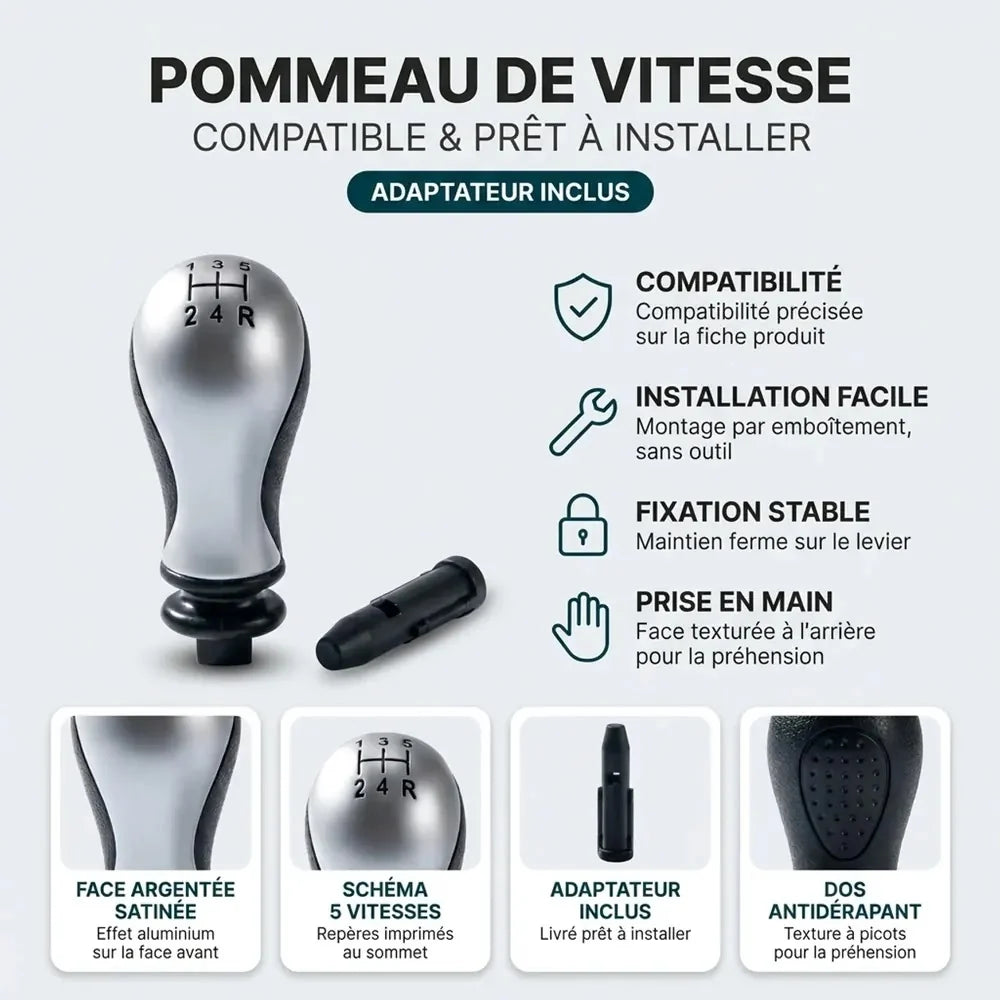 Pommeau de vitesse chromé galbé Xsara Picasso, adaptateur inclus : compatibilité, installation facile et fixation stable
