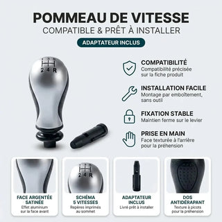 Pommeau de vitesse chromé galbé Xsara Picasso, adaptateur inclus : compatibilité, installation facile et fixation stable