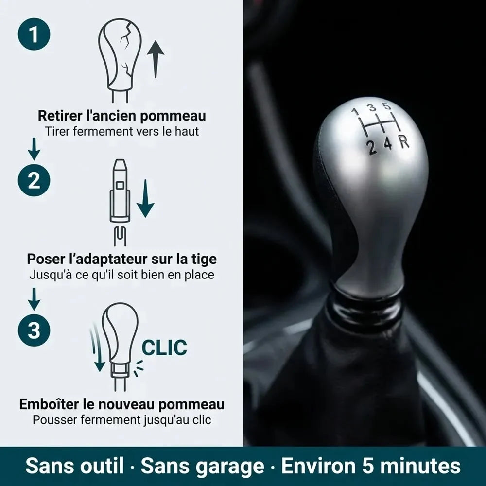 Étapes d'installation du pommeau de vitesse chromé galbé Xsara Picasso avec adaptateur, sans outil et sans garage