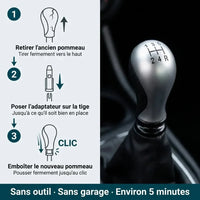 Étapes d'installation du pommeau de vitesse chromé galbé Xsara Picasso avec adaptateur, sans outil et sans garage