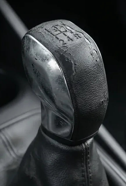 Avant : pommeau de vitesse 208 usé, revêtement fissuré et marquage des vitesses effacé